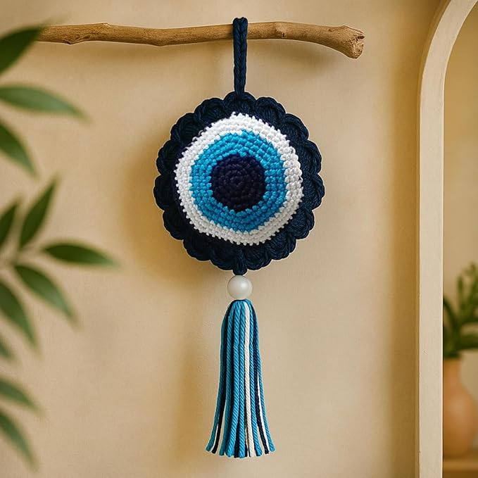 Crochet Blue Evil Eye Hanging for Decor